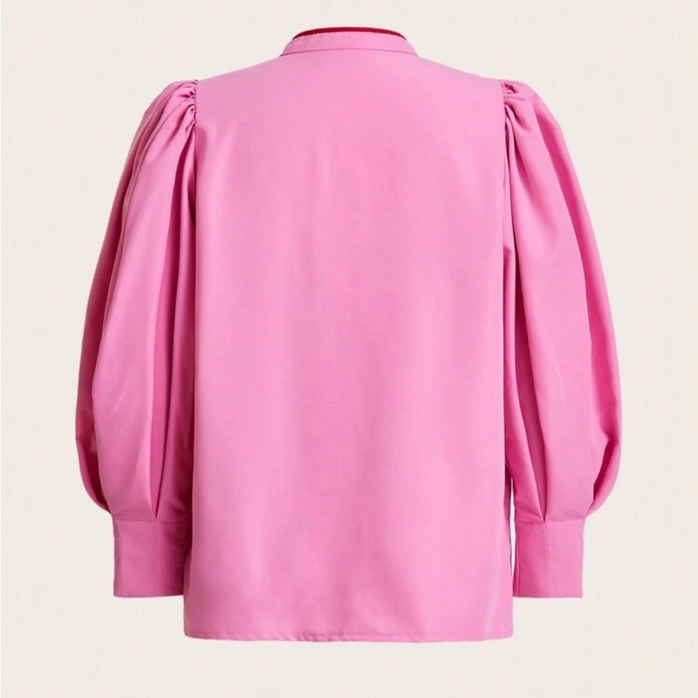 SHEIN Pink Puff Sleeve Blouse with Red Trim & Bow Ties - Picture 2 of 6